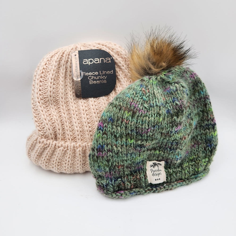 Beanie Hat With Pom Pom & Chunky Beanie Fleece Lined Bundle Winter Warm Hats